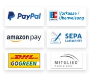 Darstellung aller möglichen Zahlungs- und Versandarten wie PayPal, Vorkasse Überweisung, Amazon Pay, Lastschrift, DHL GOGREEN sowie das Logo vom Händlerbund